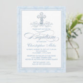 Invitation Croix de baptême en damas bleu (Debout devant)