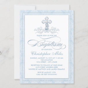Invitation Croix de baptême en damas bleu