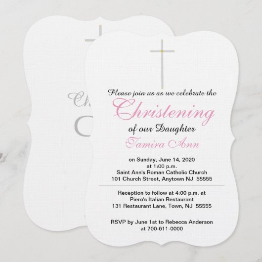 Invitation Croix de Baptême Fille Rose Blanc (Devant / Derrière)