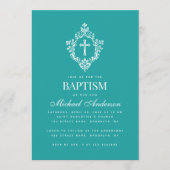Invitation Croix de baptême garcon sarcelle dans un blason él (Devant)