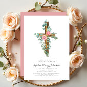 Invitation Croix de baptême religieuse Eucalyptus rose