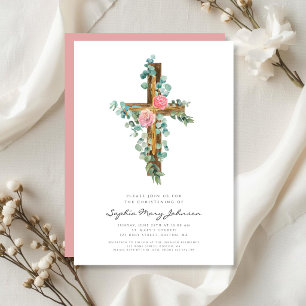 Invitation Croix de baptême religieuse Eucalyptus rose