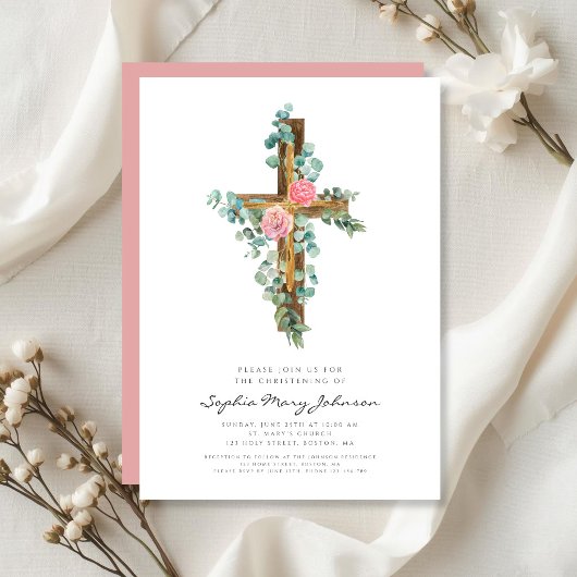 Invitation Croix de baptême religieuse Eucalyptus rose