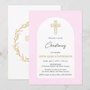 Invitation Croix de baptême rose et or minimaliste