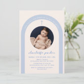 Invitation Croix de Boho bleu neutre genre Baptême photo (Debout devant)