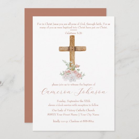 Invitation Croix de bois Fleurs blanches et bleues Baptême (Devant / Derrière)