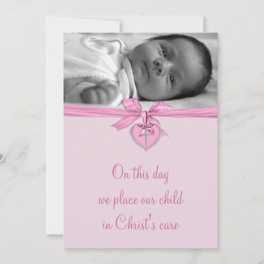 Invitation Croix de Bow rose Baby Girl Photo Christening (Devant)