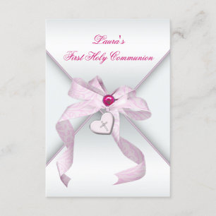 Invitation Croix de cœur rose pour filles Première communion