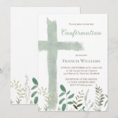 Invitation croix de confirmation à l'aquarelle verte (Devant / Derrière)