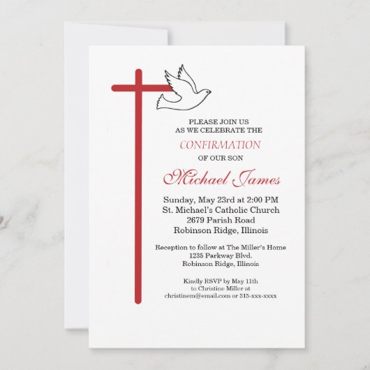 Invitation Croix de confirmation du fils Colombe sur fond bla (Devant)