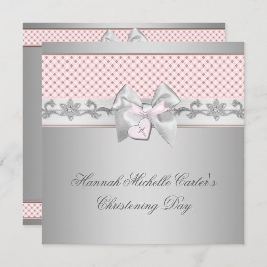 Invitation Croix de cou rose filles Baptême rose (Devant / Derrière)