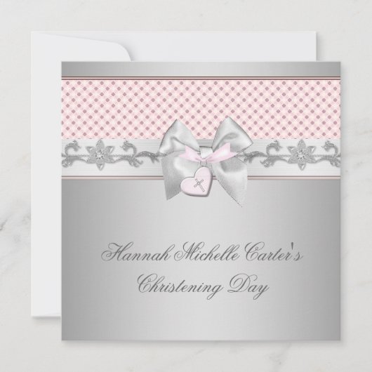 Invitation Croix de cou rose filles Baptême rose (Devant)