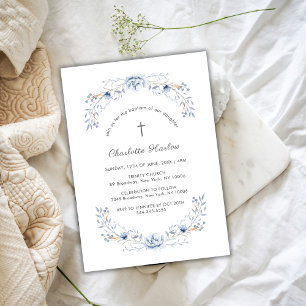 Invitation Croix de couronne Fleur sauvage bleu d'hiver Baptê
