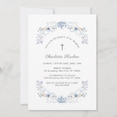 Invitation Croix de couronne Fleur sauvage bleu d'hiver Baptê (Devant)