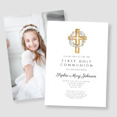 Invitation Croix de couronne florale Photo Girl First Communi