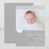 Invitation Croix de Damas bleu gris Photo garçon Baptême (Devant / Derrière)