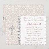 Invitation Croix de Damas en ivoire rose Baby Girl Christenin (Devant / Derrière)