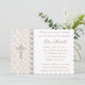 Invitation Croix de Damas en ivoire rose Baby Girl Christenin (Debout devant)