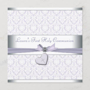 Invitation Croix de Damas Lavande Filles Violet Première Comm
