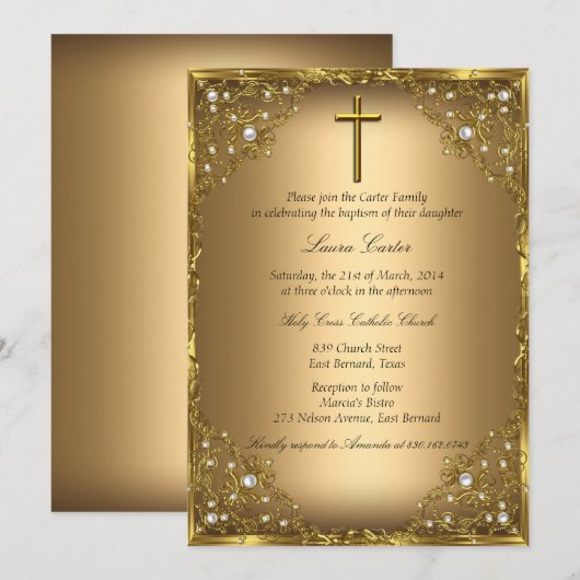 Invitation Croix de Damas perle Or Baptême (Devant / Derrière)
