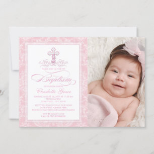 Invitation Croix de Damas rose Filles Photo Baptême Invitatio