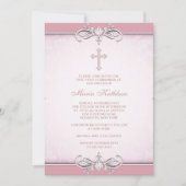 Invitation Croix de Damas rose Première communion (Devant)