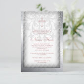 Invitation Croix de Damas rose Première communion (Debout devant)