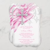 Invitation Croix de Damas rose Première communion (Devant / Derrière)