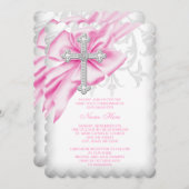 Invitation Croix de Damas rose Première communion (Devant / Derrière)