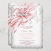 Invitation Croix de Damas rose Première communion (Devant / Derrière)