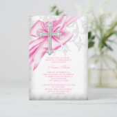 Invitation Croix de Damas rose Première communion (Debout devant)