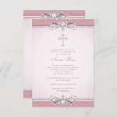 Invitation Croix de Damas rose Première communion (Devant / Derrière)