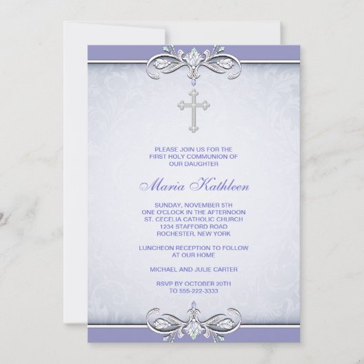 Invitation Croix de Damas Violet Première Communion (Devant)