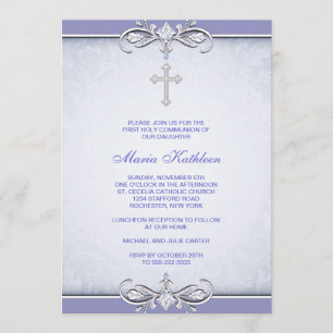 Invitation Croix de Damas Violet Première Communion