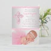 Invitation Croix de dentelle rose Baptême Christening (Debout devant)
