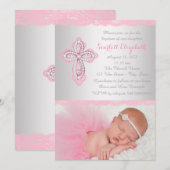 Invitation Croix de dentelle rose Baptême Christening (Devant / Derrière)