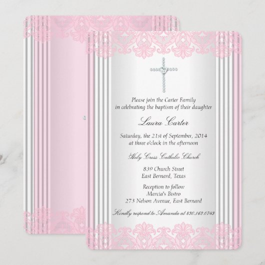 Invitation Croix de dentelle rose blanche Baptême Christening (Devant / Derrière)