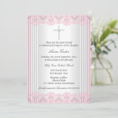 Invitation Croix de dentelle rose blanche Baptême Christening (Debout devant)