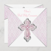 Invitation Croix de dentelle rose de première communion (Devant / Derrière)