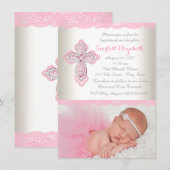 Invitation Croix de diamant de dentelle rose ivoire Photo Bap (Devant / Derrière)