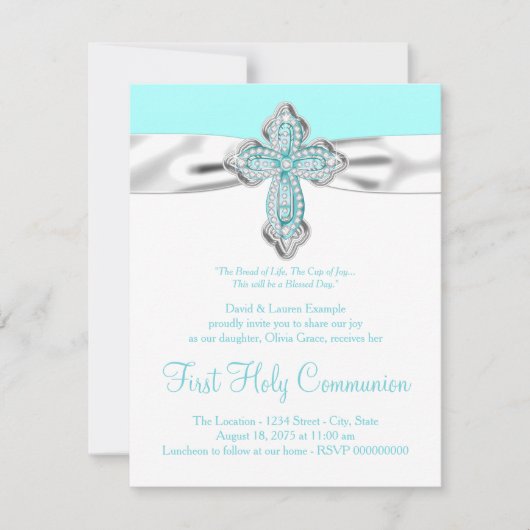 Invitation Croix de diamant sarcelle pour la première communi (Devant)
