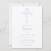 Invitation croix de feuillage bleu de baptême  (Devant)