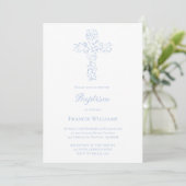 Invitation croix de feuillage bleu de baptême  (Debout devant)