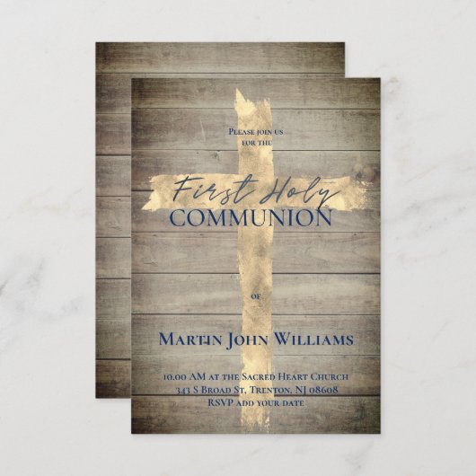 Invitation Croix de feuille d'or Faux sur bois Première commu (Devant / Derrière)