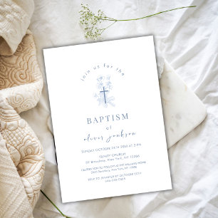 Invitation Croix de Fleur Bleu Simple Baptême garçon
