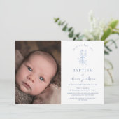 Invitation Croix de fleurs bleu simple Boy Photo Baptême (Debout devant)