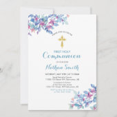 Invitation Croix de fleurs et d'or | Première sainte communio (Devant)