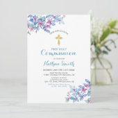 Invitation Croix de fleurs et d'or | Première sainte communio (Debout devant)