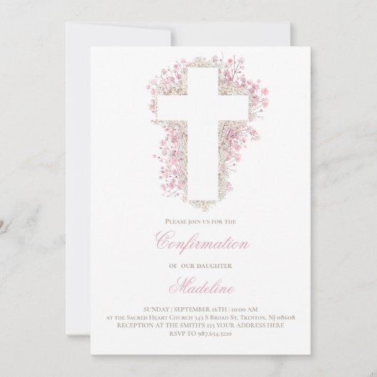 Invitation croix de fleurs respirantes du bébé Confirmation (Devant)