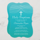 Invitation Croix de Garland bleu moderne Baptême (Devant / Derrière)